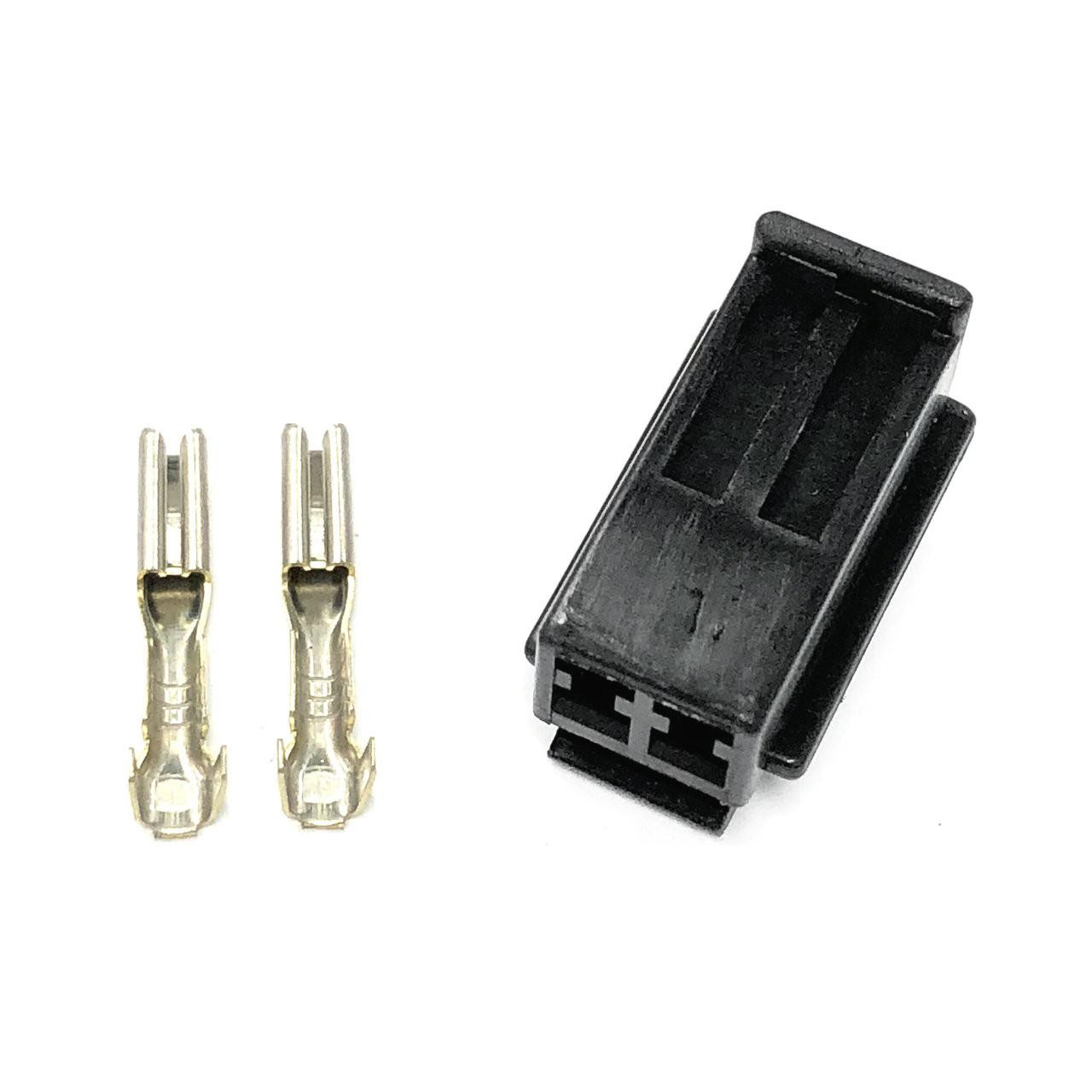 Ryan Schnitz Racing RSR Connector Kit, 2 Way Socket HMU, black plastic connector with two silver metal terminals.