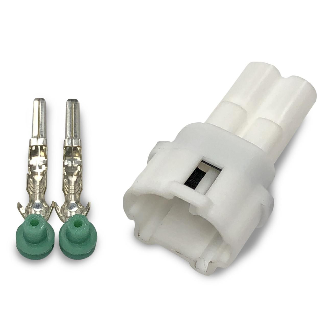 Ryan Schnitz Racing RSR Connector Kit, 2 Way Pin MT-2, with white plastic connector and two metal pins with green rubber gaskets.