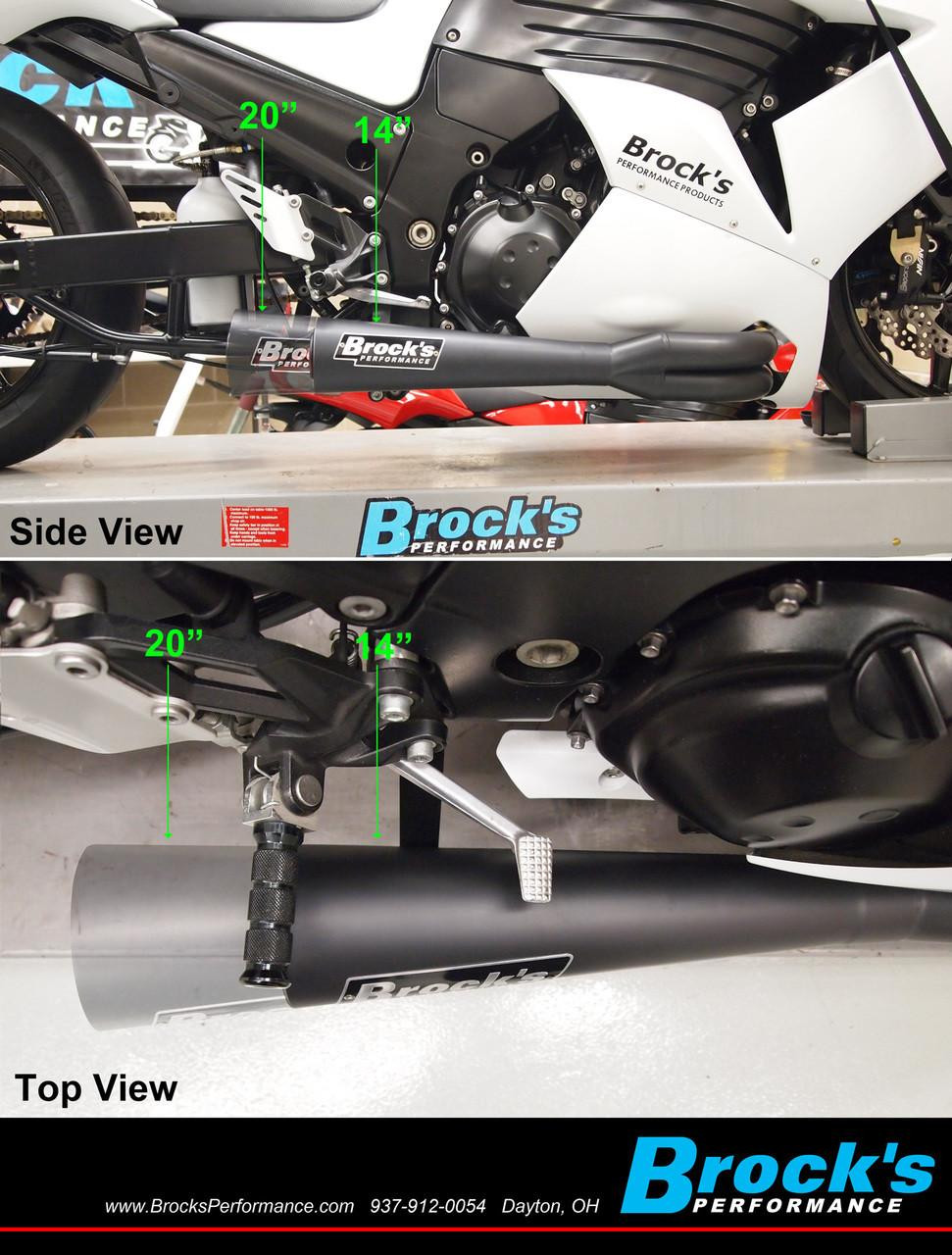 Brock's Performance Brock's Sidewinder Exhaust 20" Muffler Suzuki GSXR1000 (17-25) Black, close-up of the motorcycle's exhaust system and side view showing specifications.