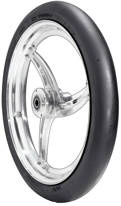 Mickey Thompson 3210 2.5/2.75-18 ET Drag Front Slick, black rubber front tire with a clear, lightweight wheel rim and three spokes designed for drag racing.