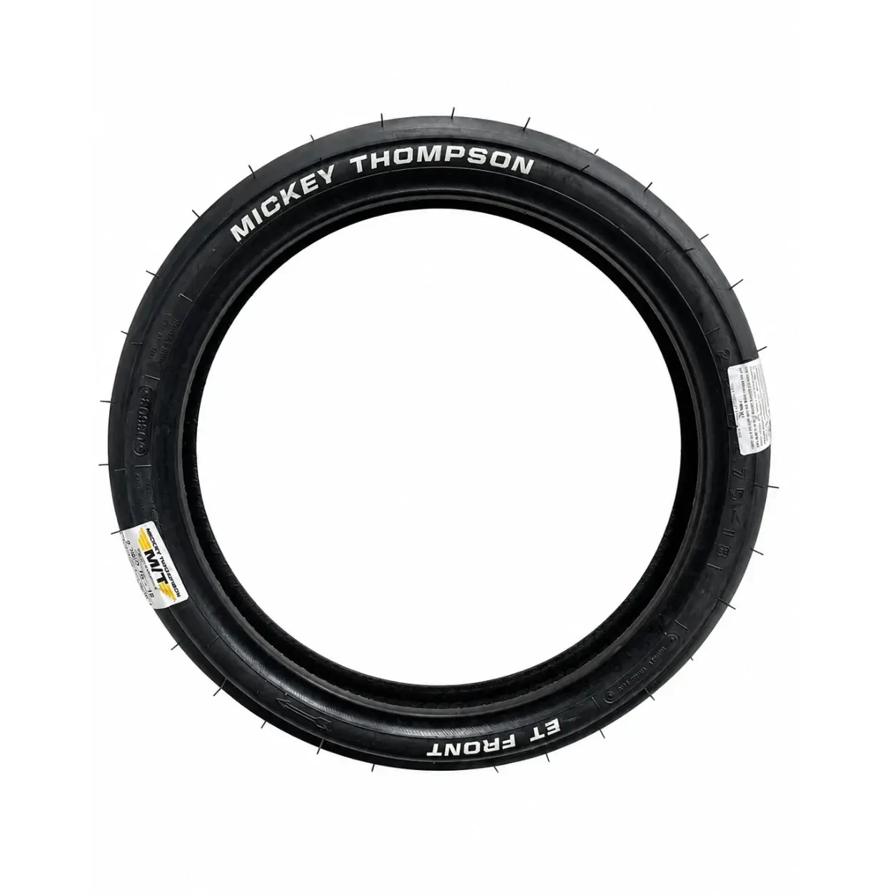 Mickey Thompson Motorcycle Slicks, Mickey Thompson 3210 2.5/2.75-18 ET Drag Front Slick, front motorcycle tire with black sidewall featuring white lettering, suitable for drag racing.