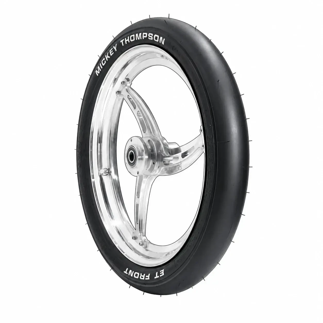 Mickey Thompson Motorcycle Slicks, Mickey Thompson 3210 2.5/2.75-18 ET Drag Front Slick, close-up of a black motorcycle front slick tire with white lettering on a white background.