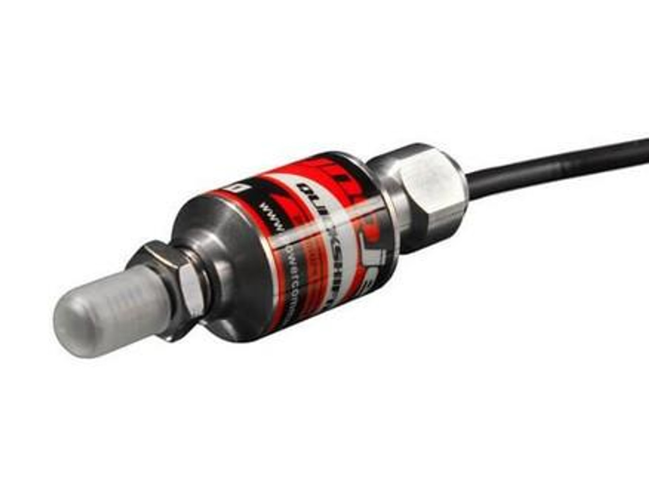 Dynojet Quick Shifter Sensor, Dual Contact, close-up of the electronic sensor with black cable and metallic body with red and black branding.