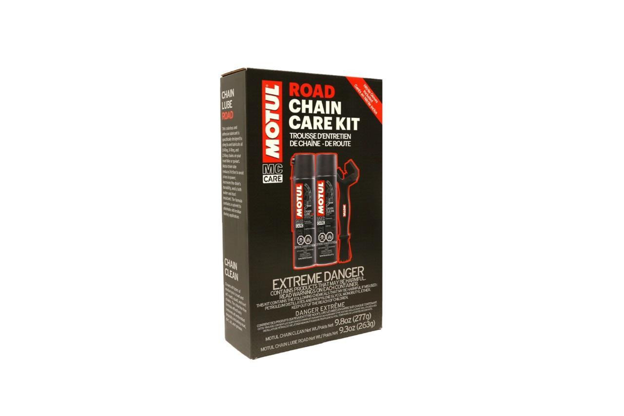 Motul Road Chain Care Kit, product packaging with chain cleaning and lubrication sprays in black and red packaging. Motul Road Chain Care Kit, product packaging with chain cleaning and lubrication sprays in black and red packaging.