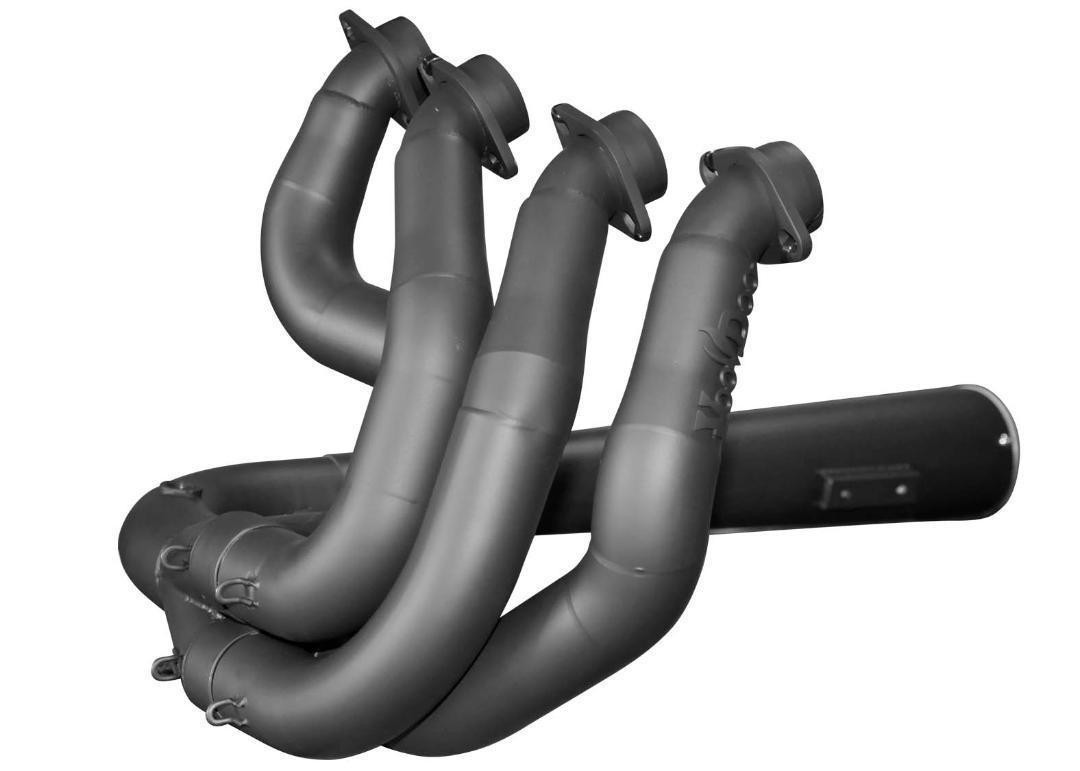 VooDoo Sidewinder Black Exhaust Suzuki GSX1300R Hayabusa (99-20), side view of a black motorcycle exhaust system with four pipes and mounting brackets.