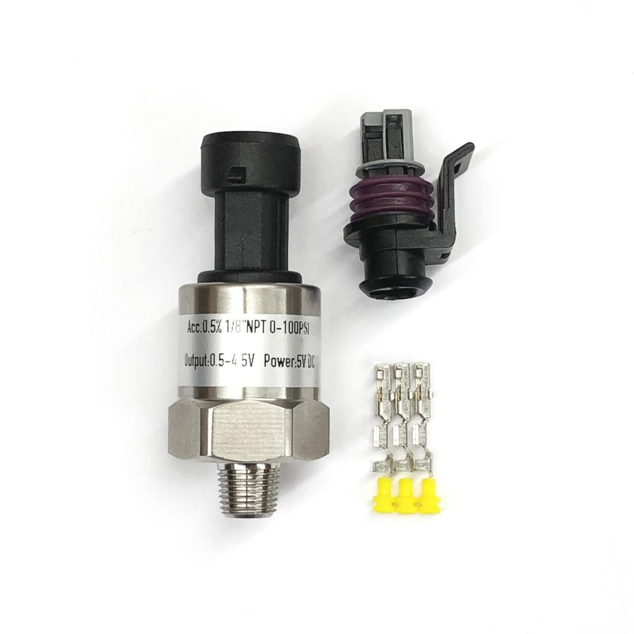 Ryan Schnitz Racing RSR Pressure Sensor 0-100 psi, compact automotive pressure sensor with electrical connector and mounting hardware.