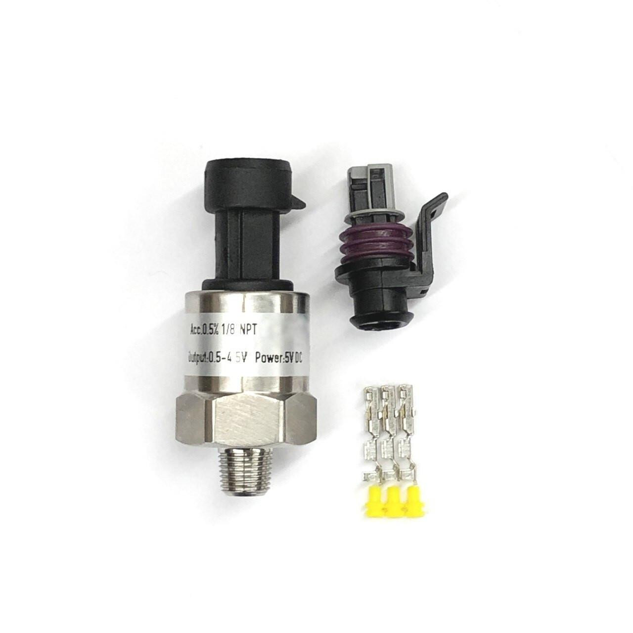 Ryan Schnitz Racing RSR Pressure Sensor 0-1600 psi, automotive pressure sensor with metal body, black electrical connector, and mounting hardware.