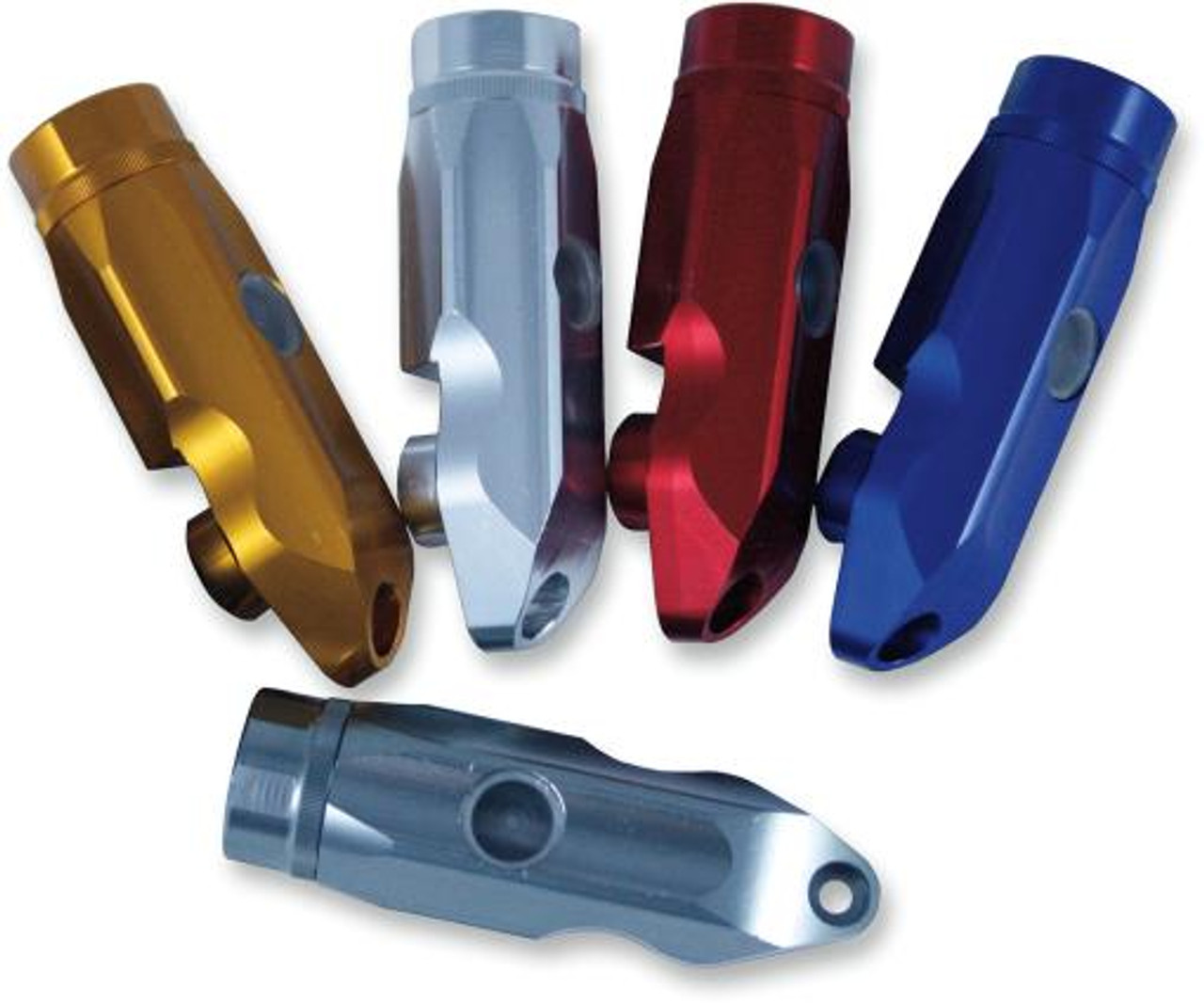 PSR Rear Brake Reservoir, image showing multiple colorful anodized motorcycle brake reservoirs in gold, silver, red, blue, and gray colors.
