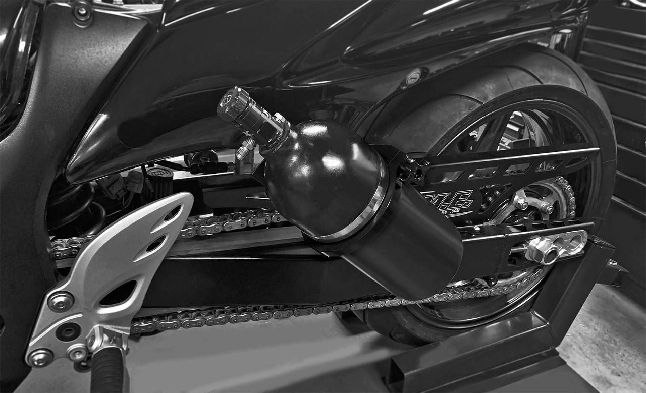 DME Nitrous Bottle Mount Suzuki Hayabusa (99-07), black nitrous oxide bottle mounted on the motorcycle frame.