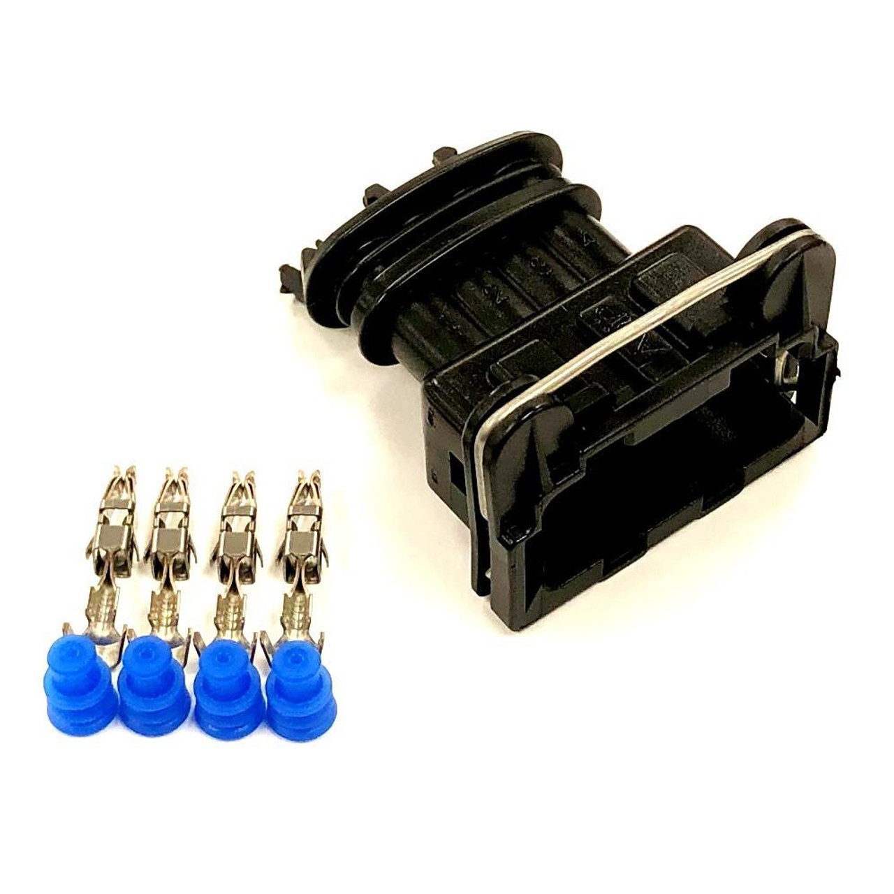 Ryan Schnitz Racing RSR Connector Kit, Ignitor, 4 Way, with four blue rubber seals and four metal connectors for racing vehicle ignition wiring.