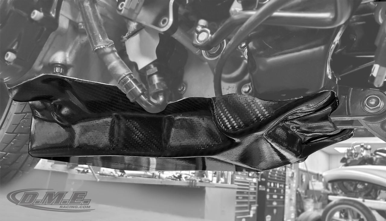 DME Carbon Fiber Lower Engine Retainer, engine diaper for Suzuki Hayabusa (99-21) with sleek black carbon fiber finish installed underneath the engine for protection and cleanliness.