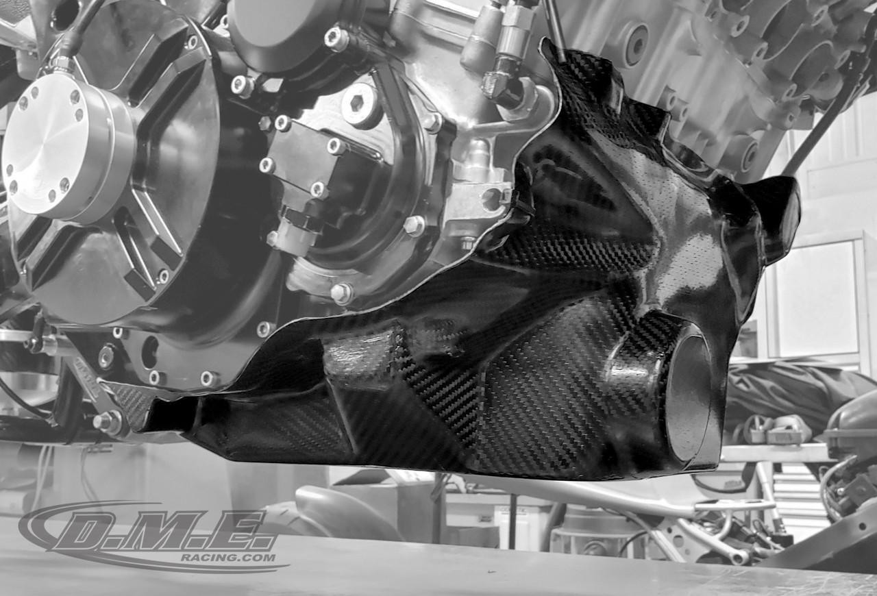 DME Carbon Fiber Lower Engine Restraint, Engine Diaper Suzuki Hayabusa (99-21), close-up view showing the carbon fiber material and engine protection component.