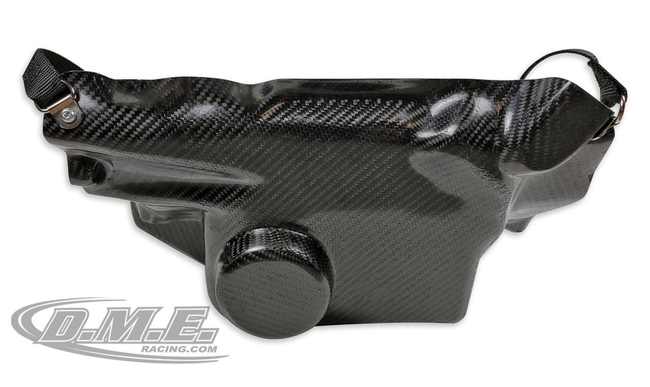 DME Carbon Fiber Lower Engine Restraint, motorcycle engine diaper for Suzuki Hayabusa 99-21, made of lightweight carbon fiber with mounting strap and sleek design.