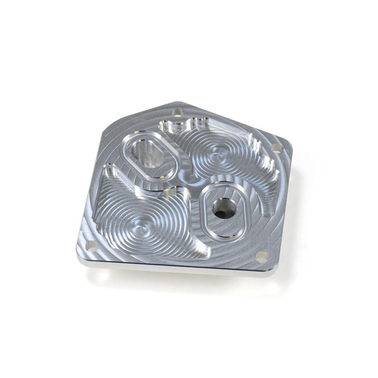 HTP Performance HTP Oil Cooler Block Off Plate, Suzuki GSXR1000 (17-25), shiny metallic engine part with precise machining and bolt holes.