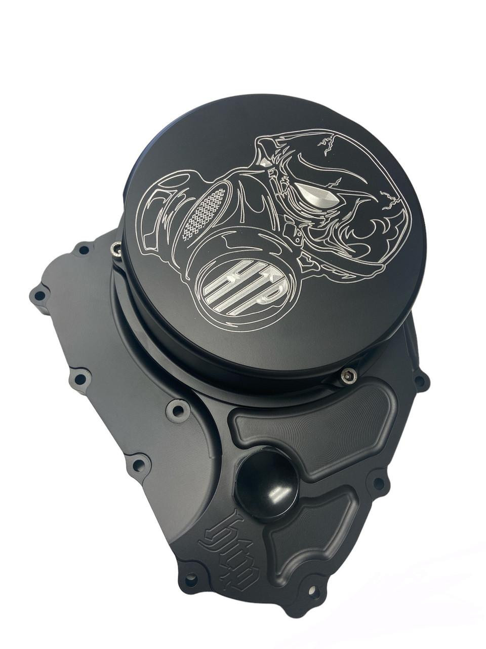 HTP Performance HTP Quick Access Clutch Cover Suzuki GSXR1000 (17-25), black clutch cover with a detailed line art graphic of a helmeted rider engraved on top.