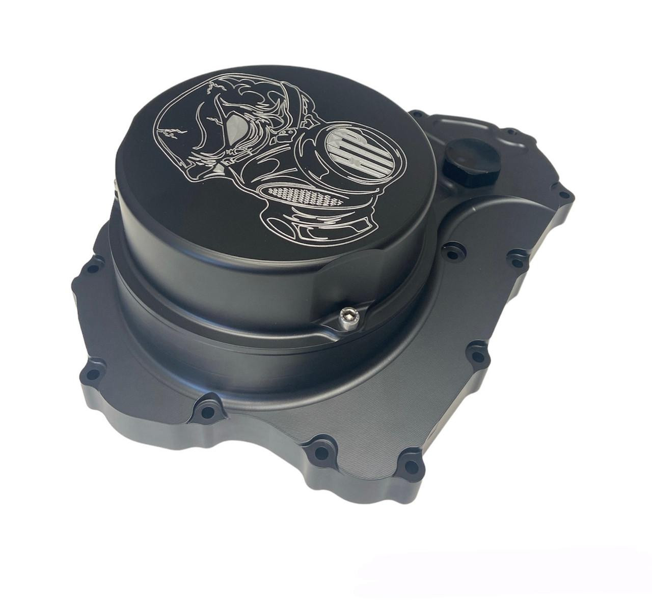 HTP Performance HTP Quick Access Clutch Cover Suzuki GSXR1000, black motorcycle clutch cover with a graphic design of a gas mask on top.