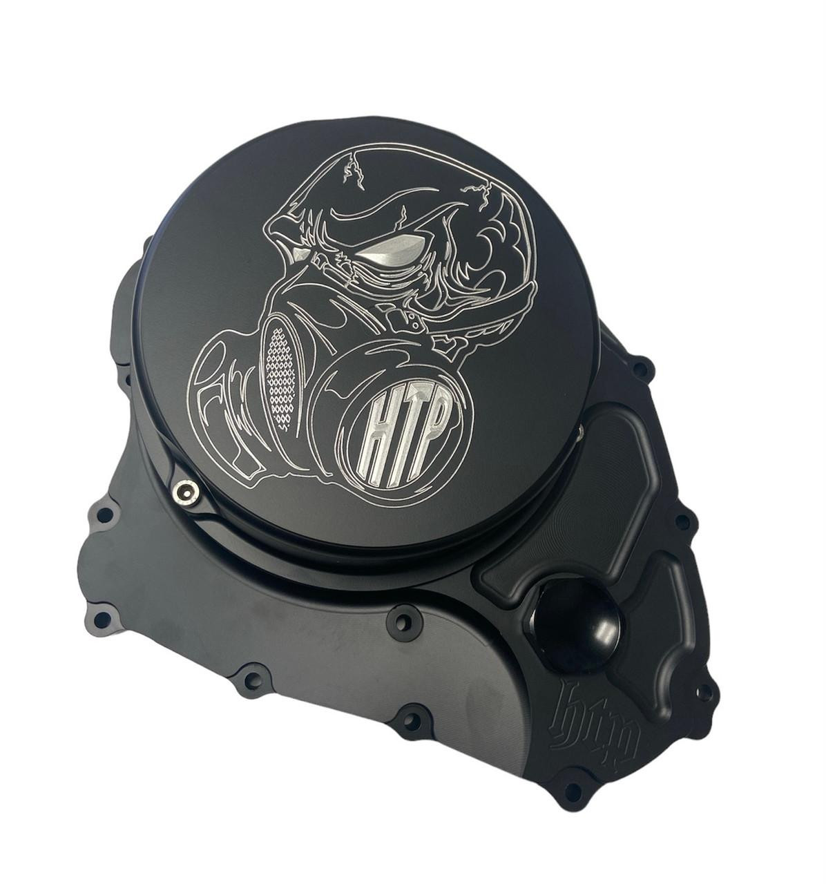 HTP Performance HTP Quick Access Clutch Cover Suzuki GSXR1000 (17-25), black clutch cover with an engraved skull wearing a gas mask and the HTP logo.