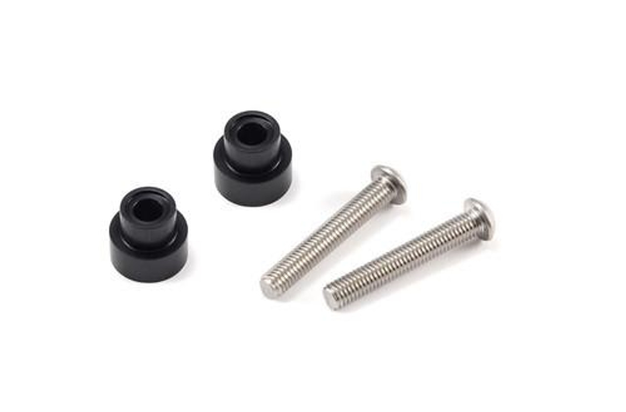 Brocks Performance Brocks Steering Damper Riser Kit Kawasaki ZX10R (16-21), image of black rubber mounts and silver screws for motorcycle handlebar upgrade. Brocks Performance Brocks Steering Damper Riser Kit Kawasaki ZX10R (16-21), image of black rubber mounts and silver screws for motorcycle handlebar upgrade.