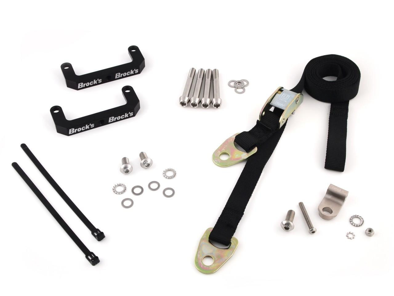 Brocks Performance Brocks Front End Lowering Strap Kit Suzuki Hayabusa (22-25), motorcycle front end lowering strap kit with black straps, mounting hardware, and brackets.