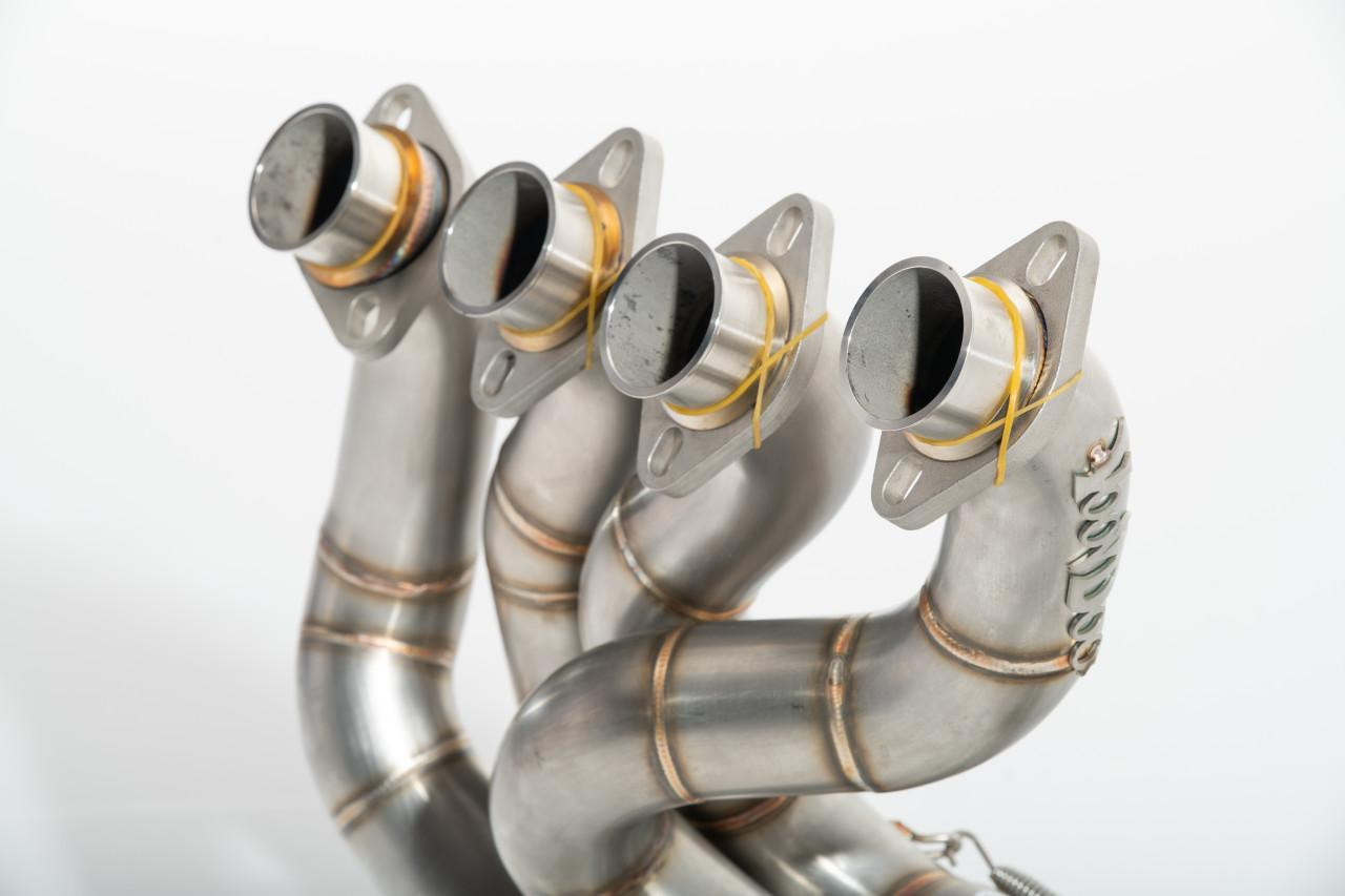 VooDoo Big Tube Sidewinder Exhaust for Suzuki Hayabusa (99-20), stainless steel motorcycle exhaust headers with flanged ends and yellow rubber band seals.