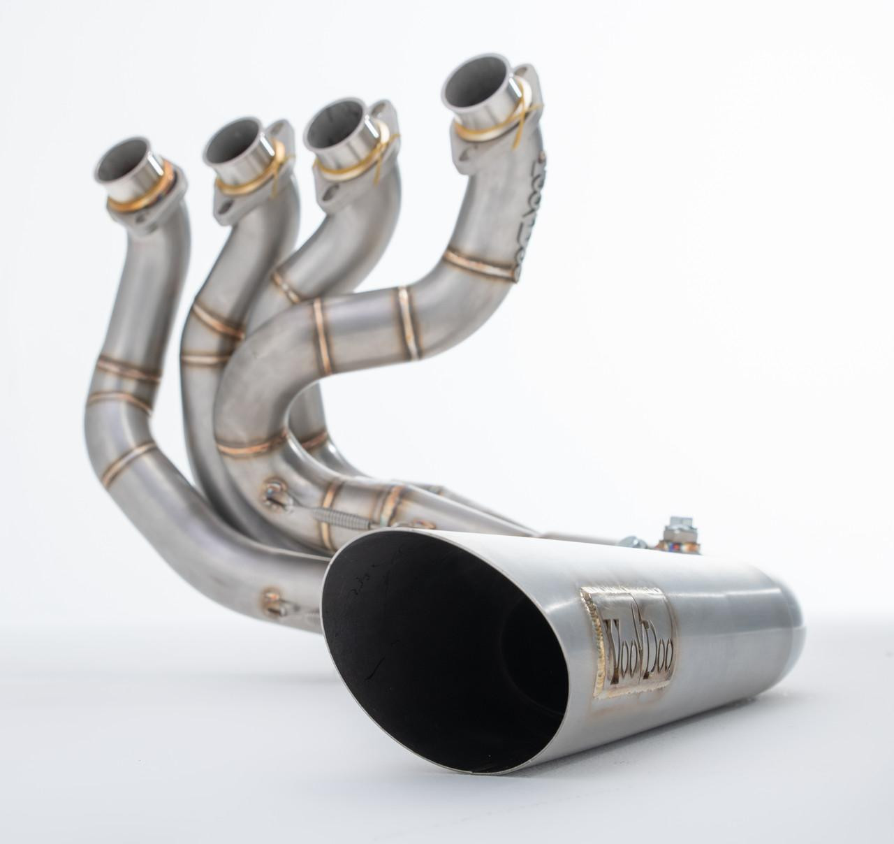 VooDoo Big Tube Sidewinder Exhaust for Suzuki Hayabusa (99-21), stainless steel motorcycle exhaust with four angled pipes and a large end muffler.