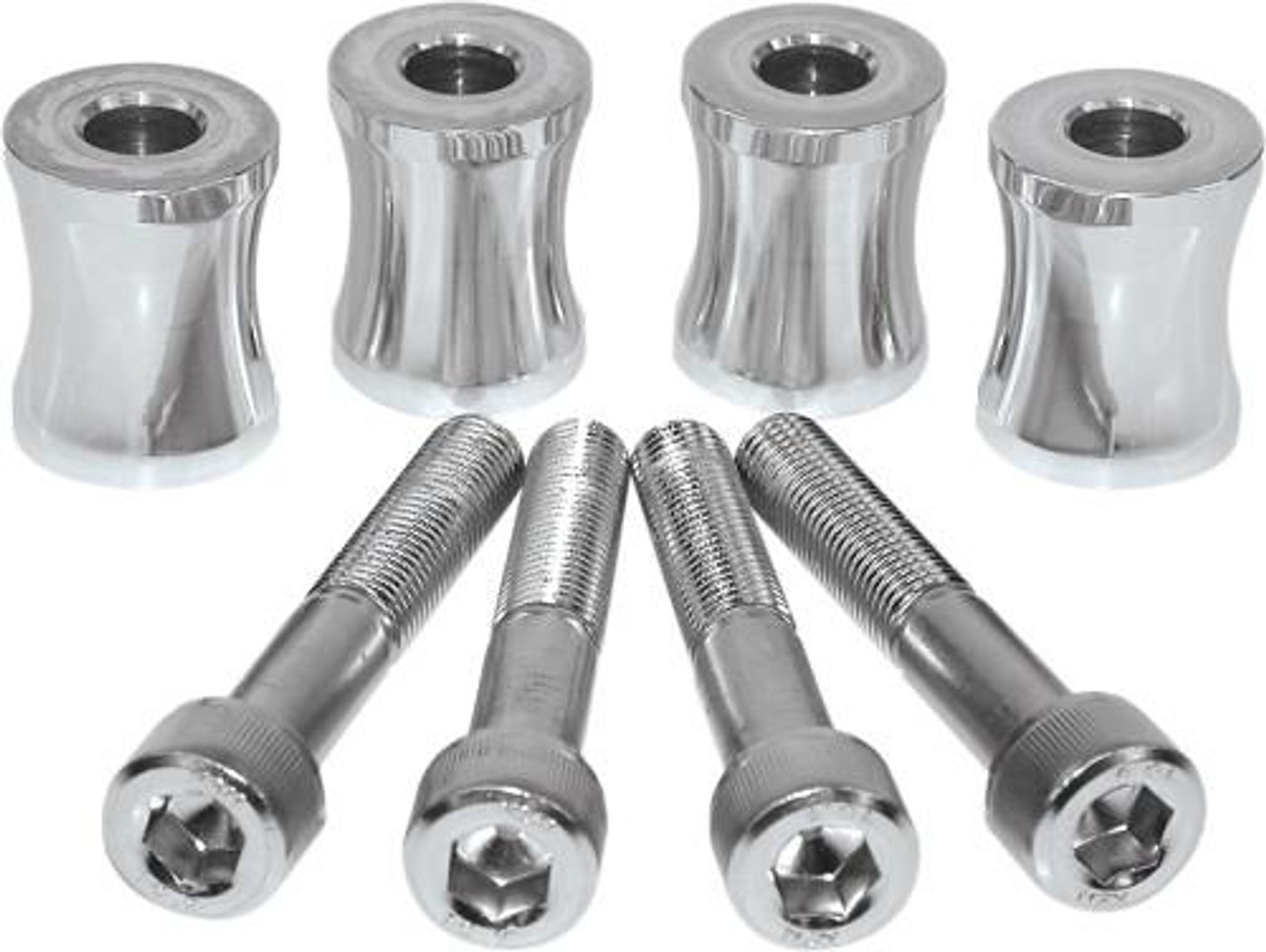 Pingel Front End Lowering Bushings/Handlebar Risers for Suzuki GSX1300R Hayabusa (99-20), image showing four chrome handlebar risers and four mounting bolts.
