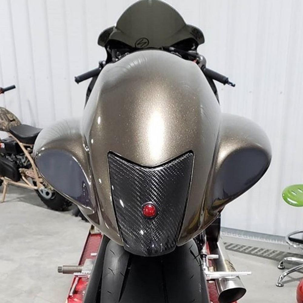 Montgomery Motorsports Carbon Fiber Stock Tail Light Suzuki Hayabusa (08-20), motorcycle rear view with carbon fiber tail light and sleek design.
