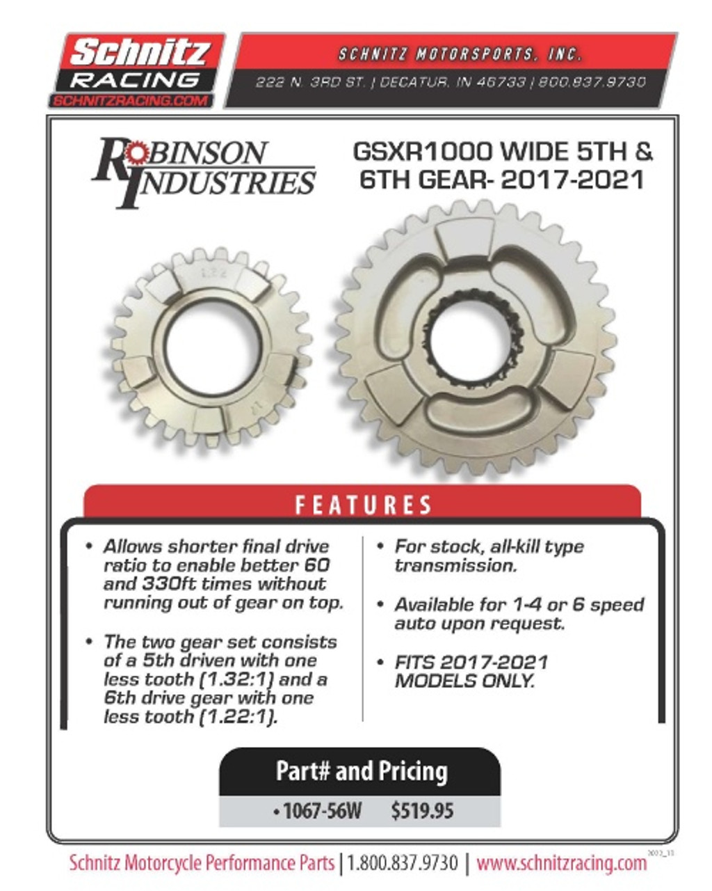 Robinson Industries Tall Ratio 5th & 6th Gear, Suzuki GSXR1000 (17-23)