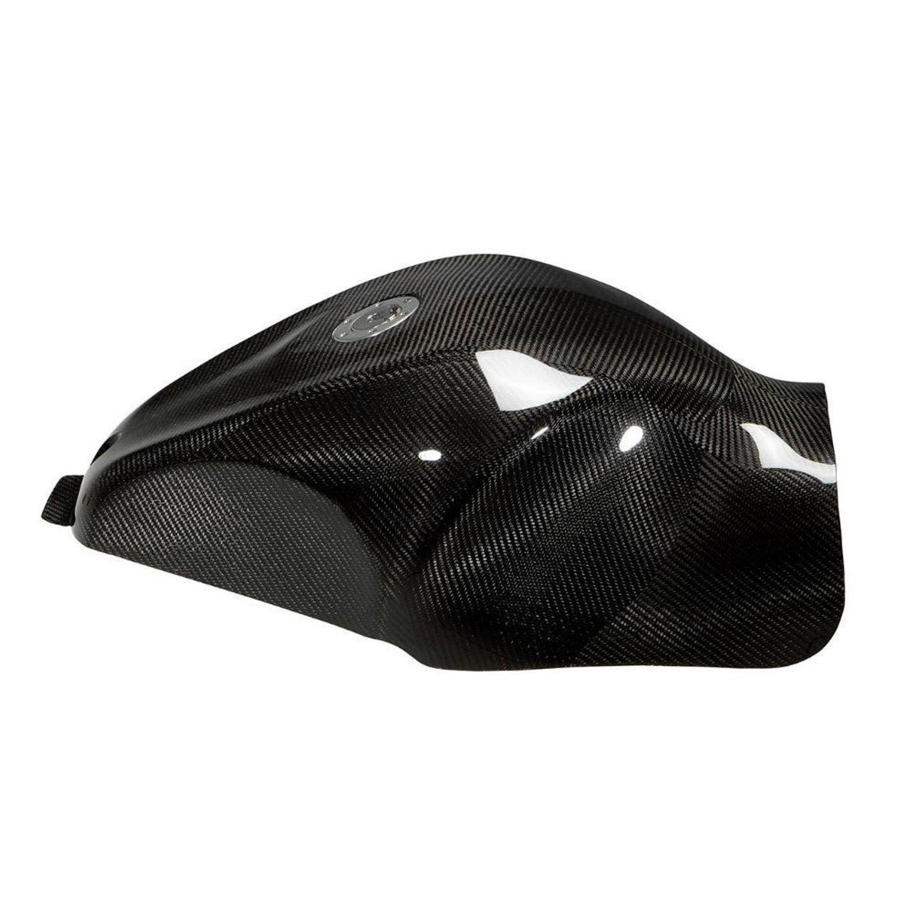 Montgomery Motorsports Carbon Fiber Low Profile Fuel Tank Suzuki Hayabusa (08-21), a sleek black carbon fiber fuel tank with a low-profile design for the Suzuki Hayabusa motorcycle.