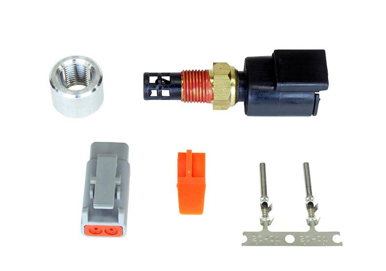 AEM Intake Air Temperature Sensor, 1/8" NPT with installation accessories and components for automotive performance and temperature monitoring.