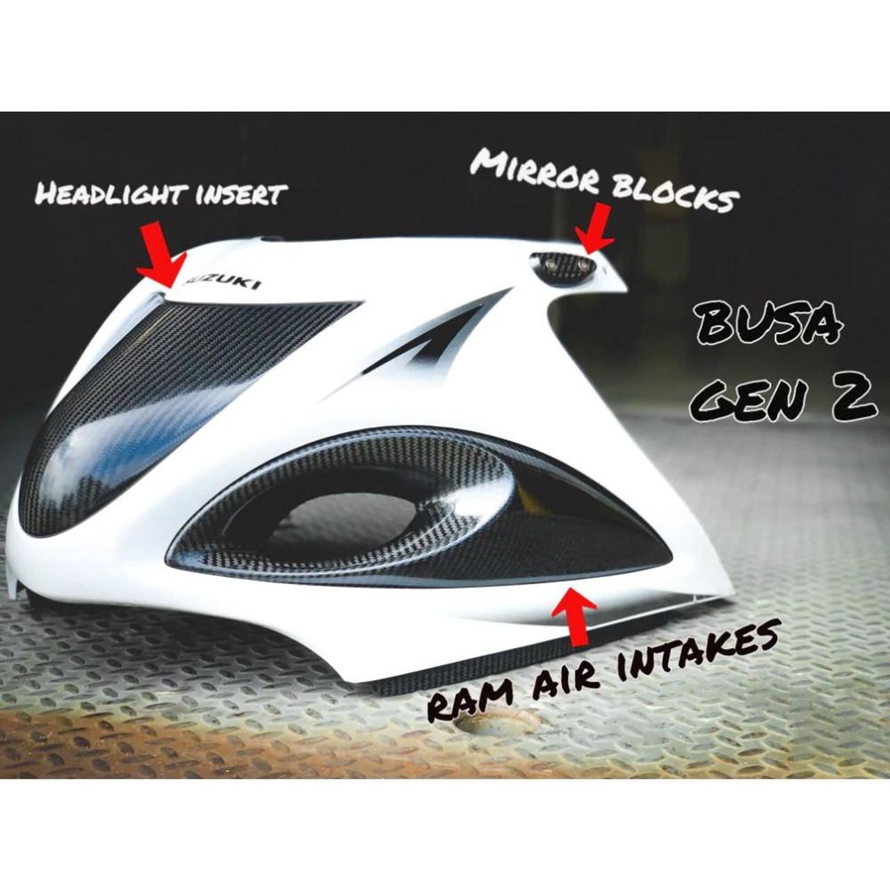 Montgomery Motorsports Hayabusa (08-21) Starter Kit, motorcycle front fairing with LED headlight insert, mirror blocks, and RAM air intakes.