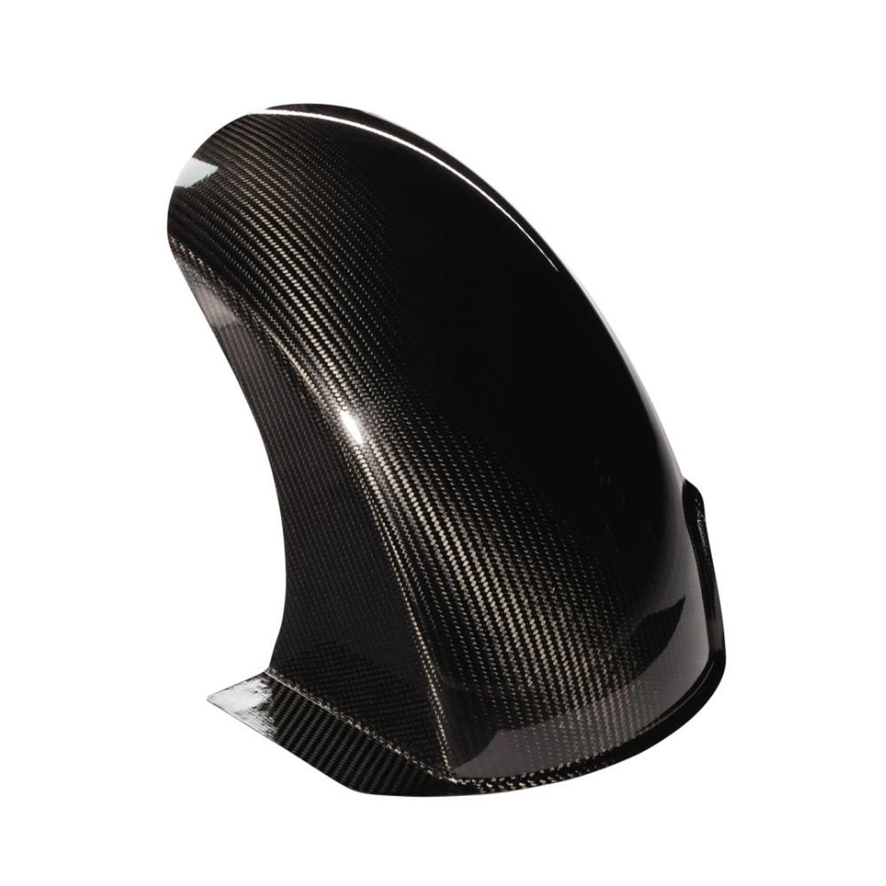 Montgomery Motorsports Street Hugger & Chain Guard Combo, black carbon fiber chain guard with glossy finish and curved design for motorcycle protection.