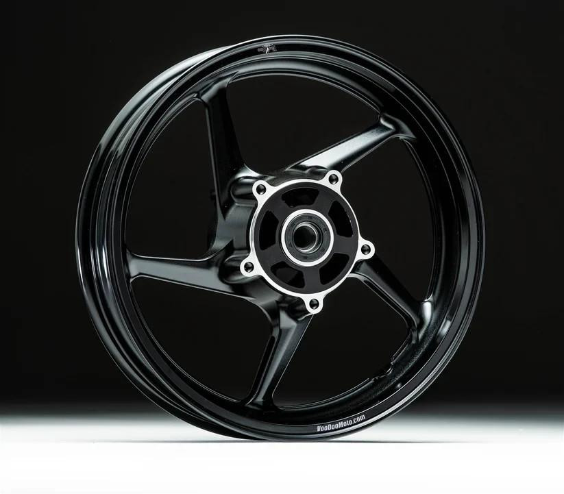 VooDoo Sniper Front Wheel Suzuki Hayabusa (22-26), high-performance motorcycle wheel with a sleek black finish against a dark background.