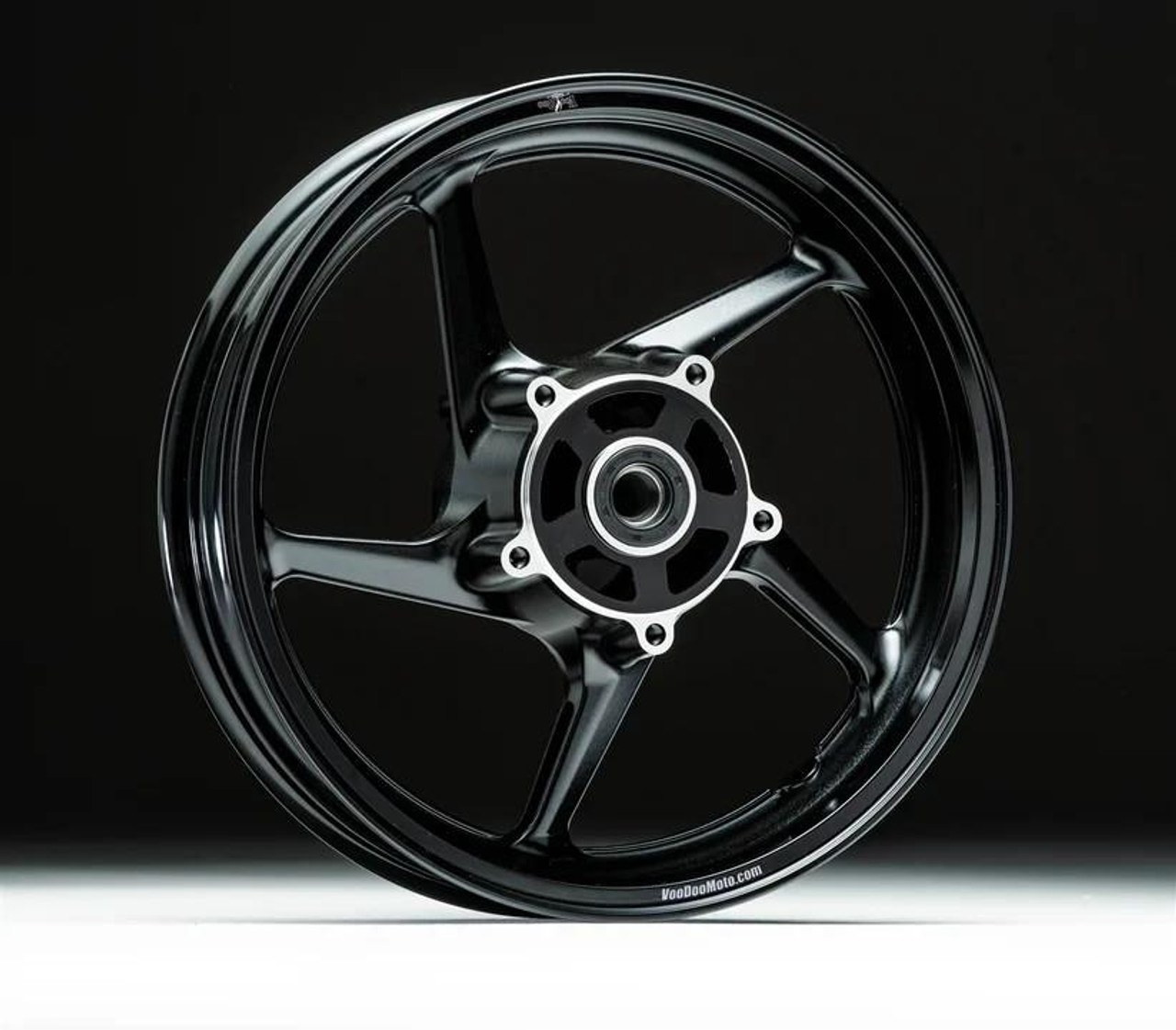 VooDoo Sniper Front Wheel Suzuki GSXR1000 (01-02), black alloy motorcycle front wheel with three-spoke design on a dark background.