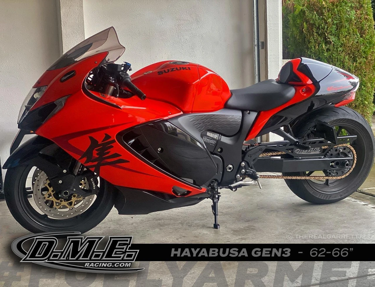 DME Racing Motorcycle Parts, DME Aluminum Swingarm Suzuki Hayabusa (22-26), red and black sport motorcycle with custom swingarm, stylish decals, and aerodynamic design.