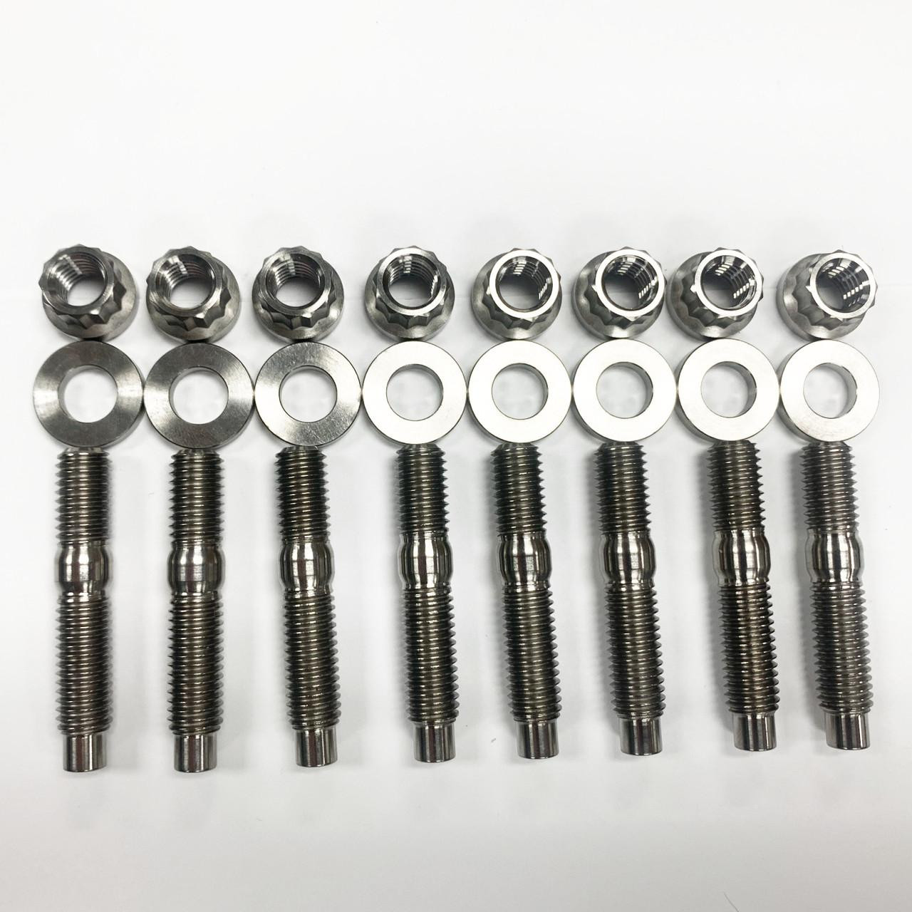 Ironless Innovations Titanium Header Stud Kit, 8mm x 50mm with nuts and washers, arranged in a row on a white background.
