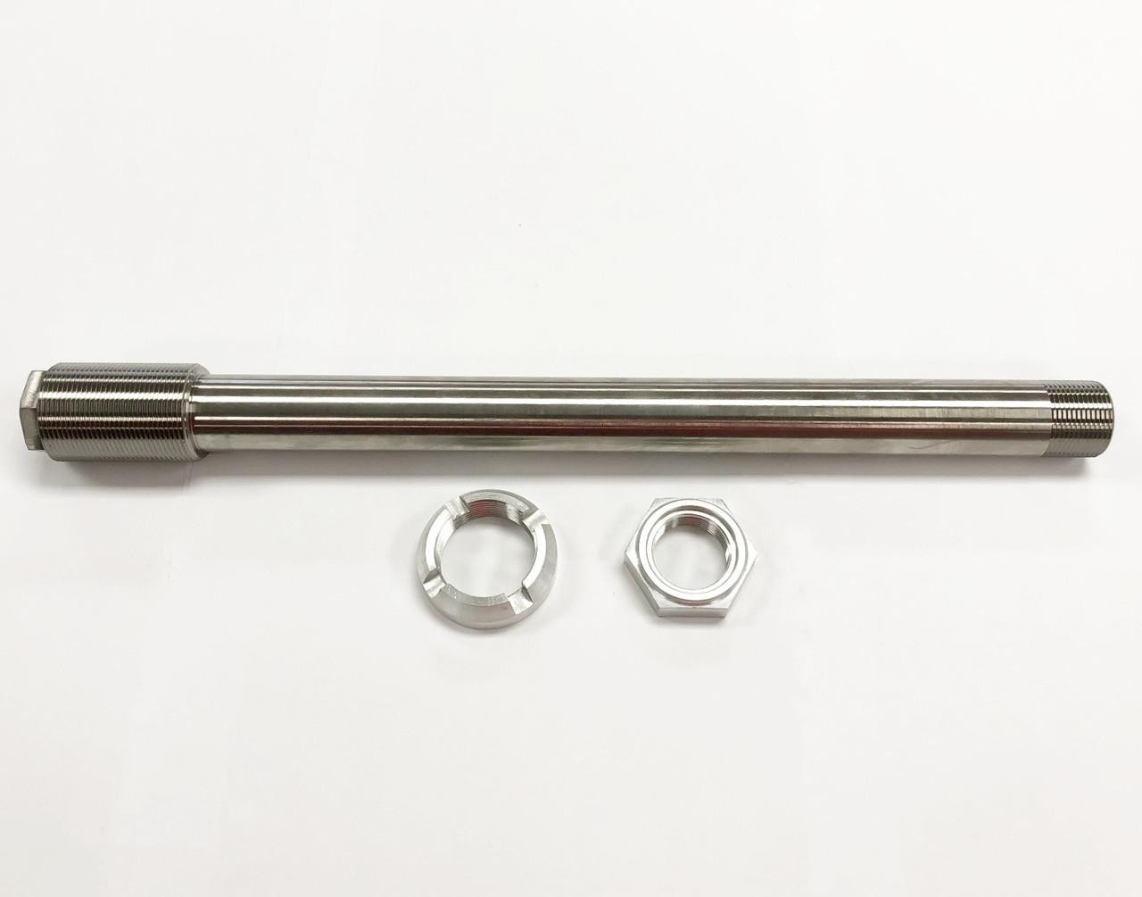 Ironless Innovations Titanium Swingarm Pivot Axle for Suzuki Hayabusa (99-25), stainless steel pivot axle with nut and spacer on a white background.
