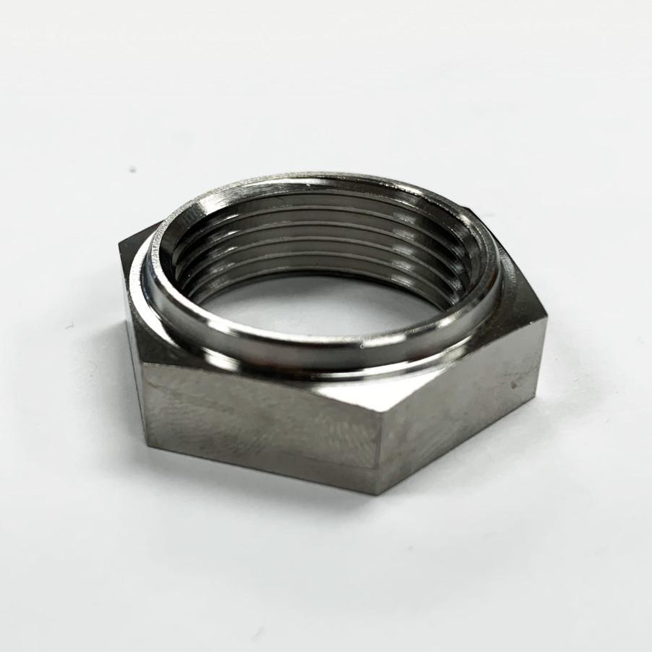 Ironless Innovations Titanium Inner Clutch Hub Nut, Suzuki Hayabusa, GSXR1000, GSXR750, GSXR600 - This is a close-up image of a silver, high-quality, titanium inner clutch hub nut with threaded interior, designed for motorcycle clutch systems.