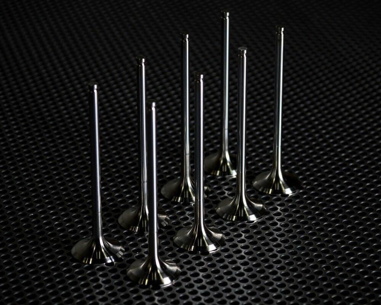 Vance & Hines Stainless Steel Intake Valves Kawasaki H2 (15-23), set of engine intake valves with shiny metallic finish on black perforated background.