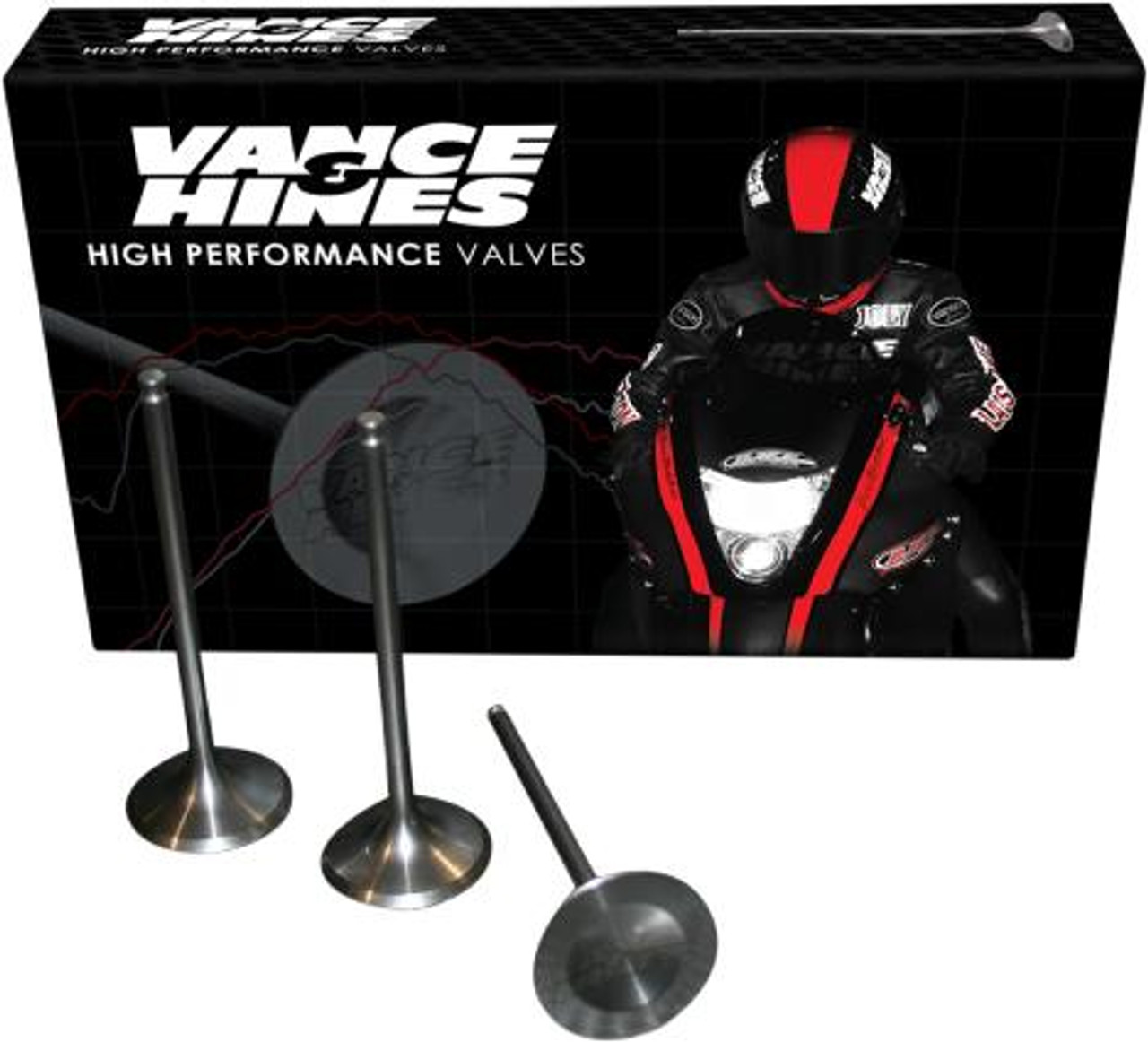 Vance & Hines Titanium Exhaust Valves Kawasaki ZX-10R (11-15), three titanium exhaust valves with a box packaging featuring a motorcycle rider graphic.