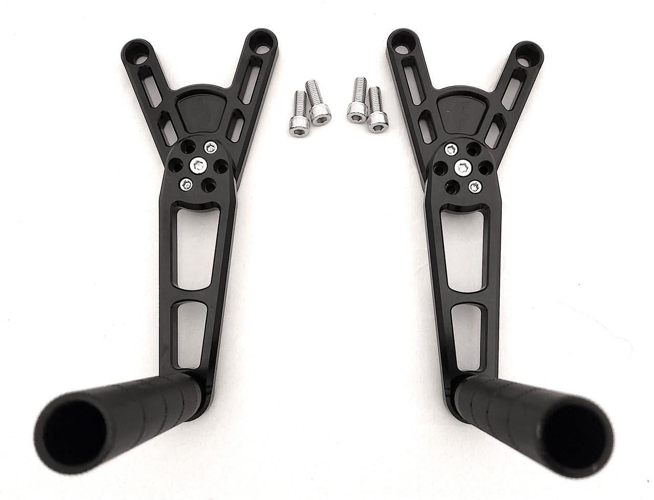 VooDoo Voodoo Rearsets, Grudge, Suzuki Hayabusa (99-25) black motorcycle rearsets with footpegs and mounting hardware.