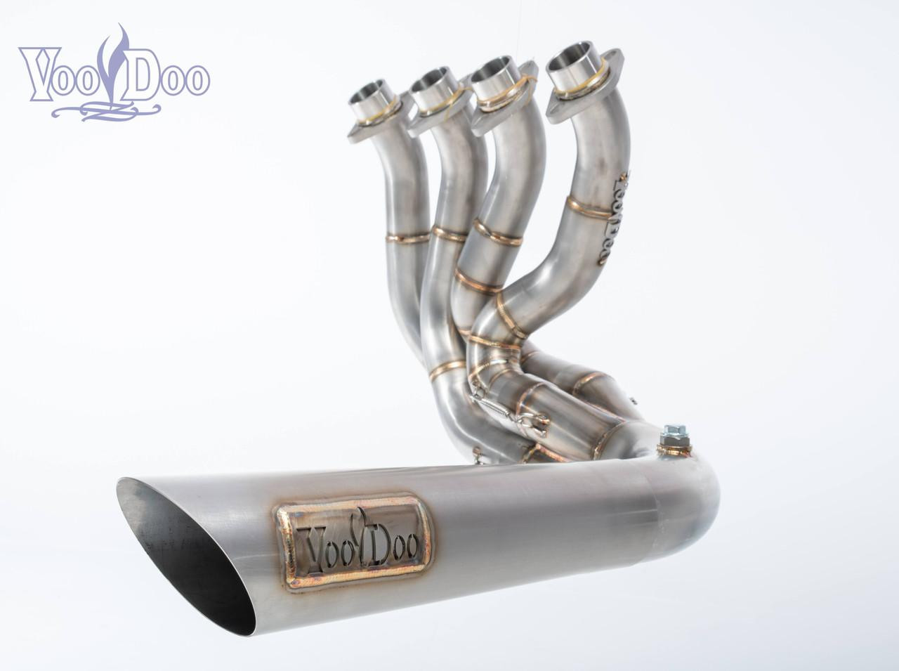 VooDoo Big Tube Sidewinder Exhaust for Kawasaki ZX-14R (06-25), stainless steel motorcycle exhaust with four angled pipes and sidewinder configuration.