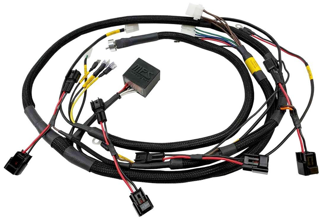 MPS Sport Bike Kill Box Wiring Harness, black electrical wiring loom with multiple connectors and yellow labeling for motorcycle wiring and kill switch integration.