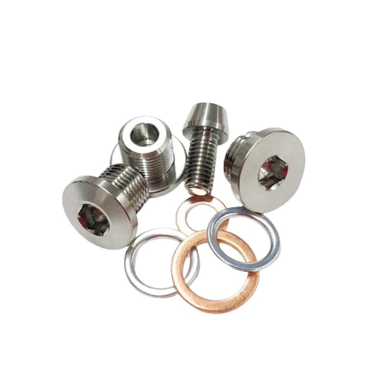 Ironless Innovations Titanium Oil Galley Plug Kit Suzuki Hayabusa (99-26), GSXR1000 (01-04), stainless steel plugs with copper and steel washers, for motorcycle engine oil system maintenance.
