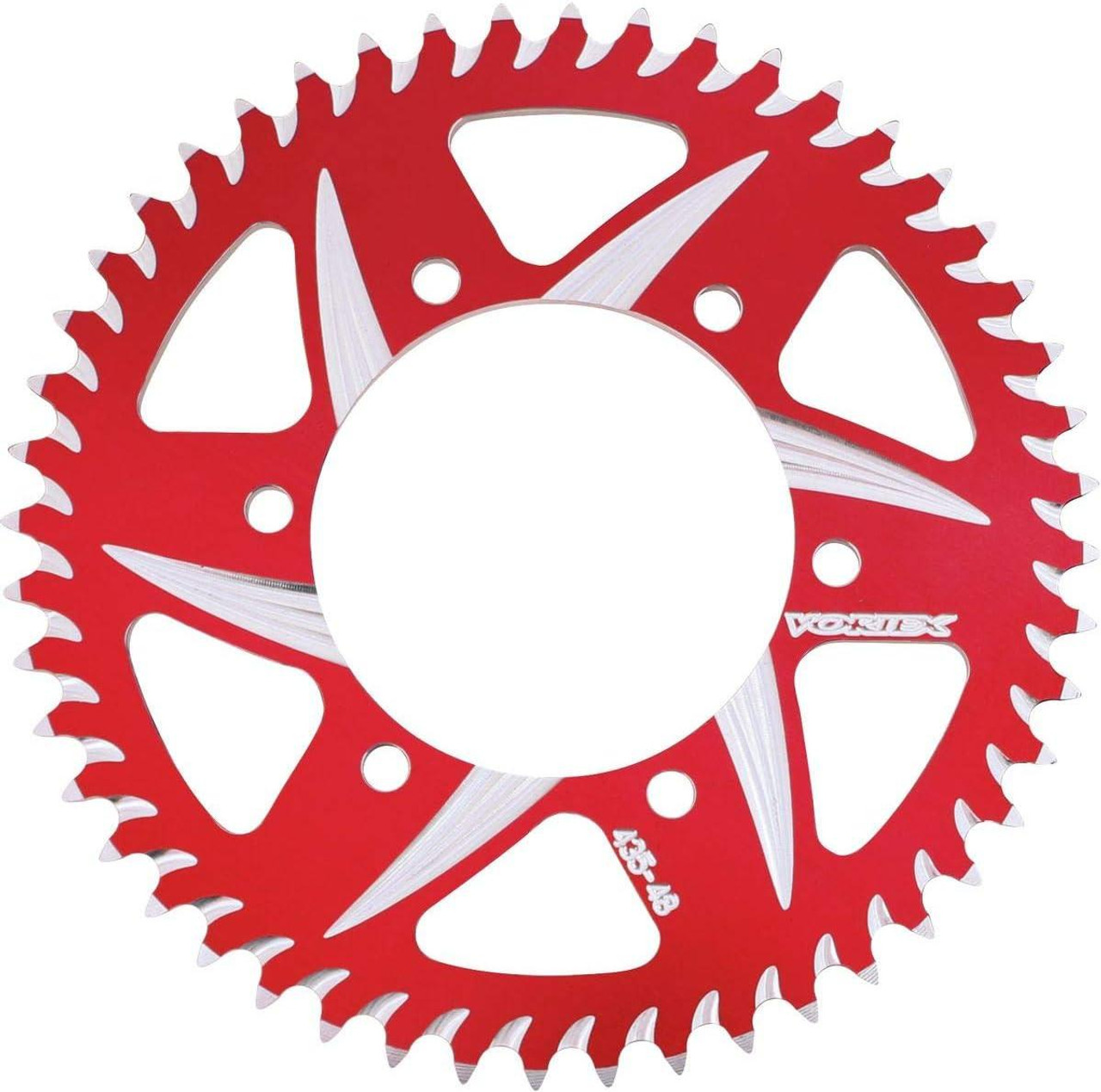 Vortex Rear Aluminum Sprocket, Kawasaki ZX-10R (04-24), red and silver motorcycle sprocket with sharp teeth for enhanced durability and performance. Vortex Rear Aluminum Sprocket, Kawasaki ZX-10R (04-24), red and silver motorcycle sprocket with sharp teeth for enhanced durability and performance.