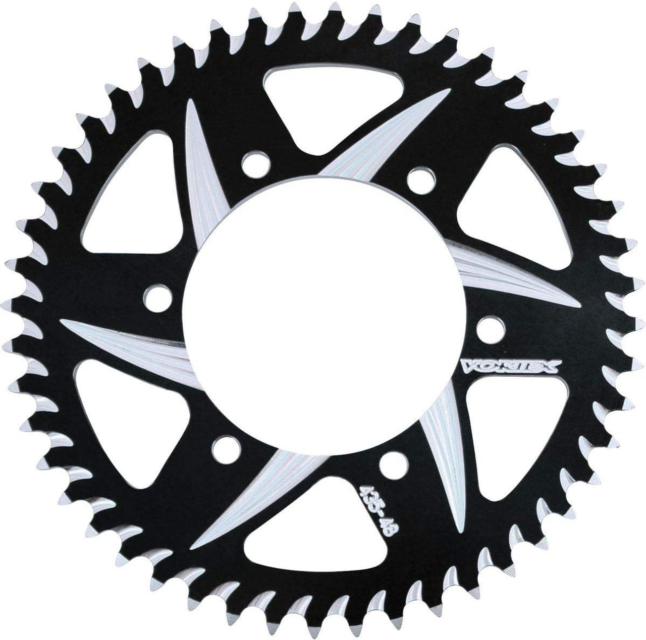 Vortex Rear Aluminum Sprocket, black and silver Kawasaki ZX-10R (04-24) motorcycle part with cutouts and gear teeth. Vortex Rear Aluminum Sprocket, black and silver Kawasaki ZX-10R (04-24) motorcycle part with cutouts and gear teeth.