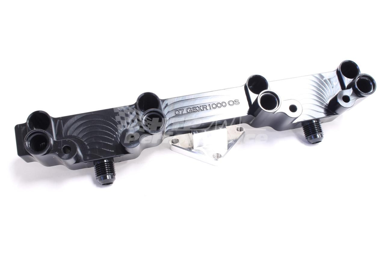 HTP Performance HTP Billet Fuel Rail for Suzuki GSXR1000 (07-08), Oversized Injectors, silver and black fuel rail with multiple injector ports.