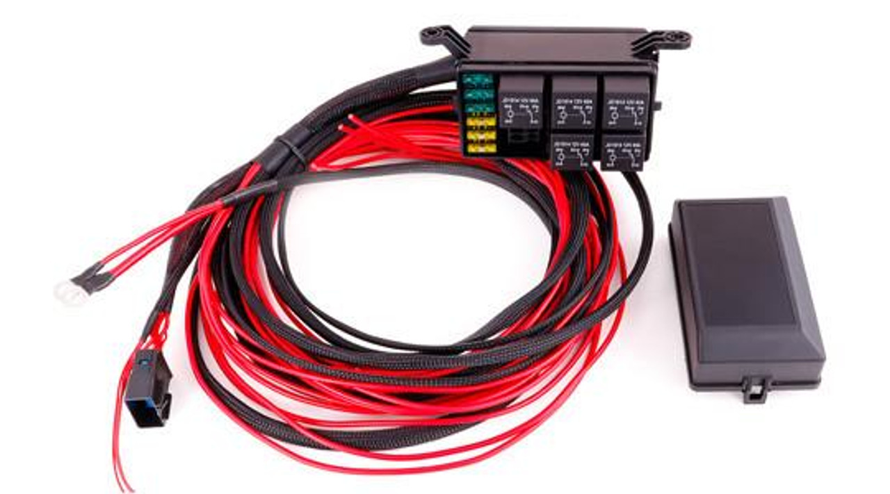 MaxxECU Relay and Fuse Box, automotive wiring harness with multiple relays and fuses, including a separate black relay box for vehicle electrical systems.