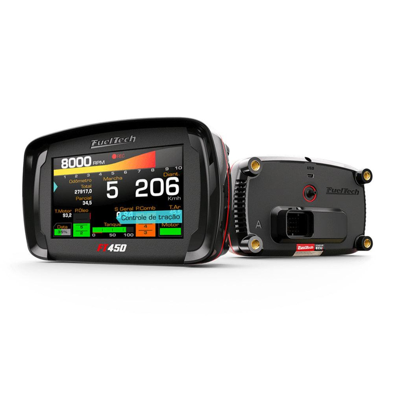 Fueltech FT450 EFI System, digital engine management and fuel injection control unit with colorful display screen and multiple connection ports.
