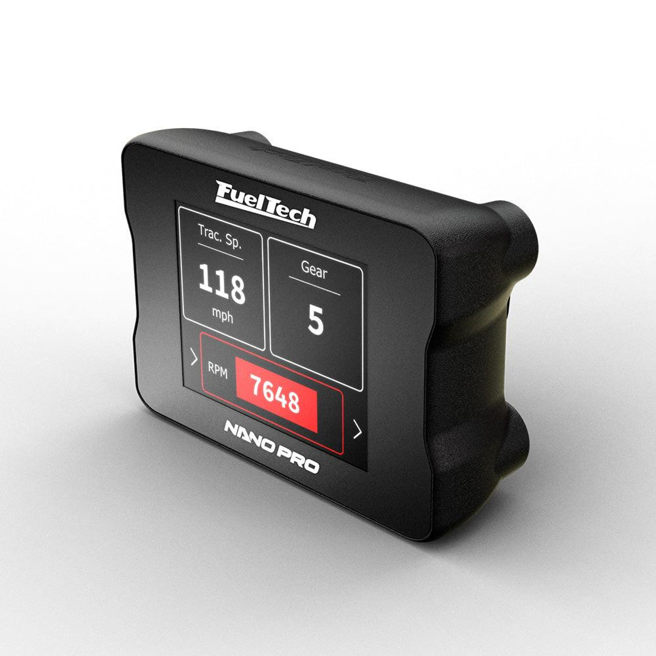 Fueltech NanoPRO, compact digital display device showing speed, gear, and RPM readings. Fueltech NanoPRO, compact digital display device showing speed, gear, and RPM readings.